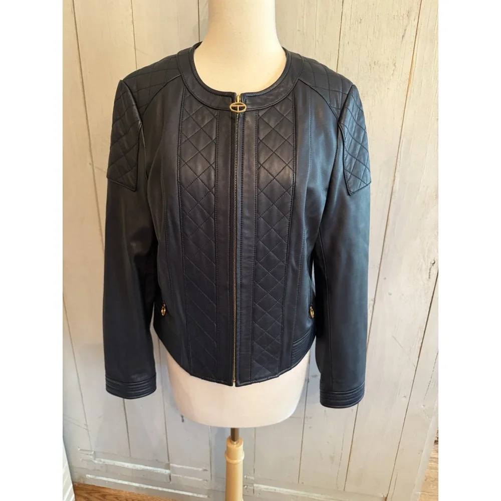 Tory‎ Burch Ryder Leather Jacket Soft Moto Gold Zip Sz-Lg Dark Navy NEW Rt 998$